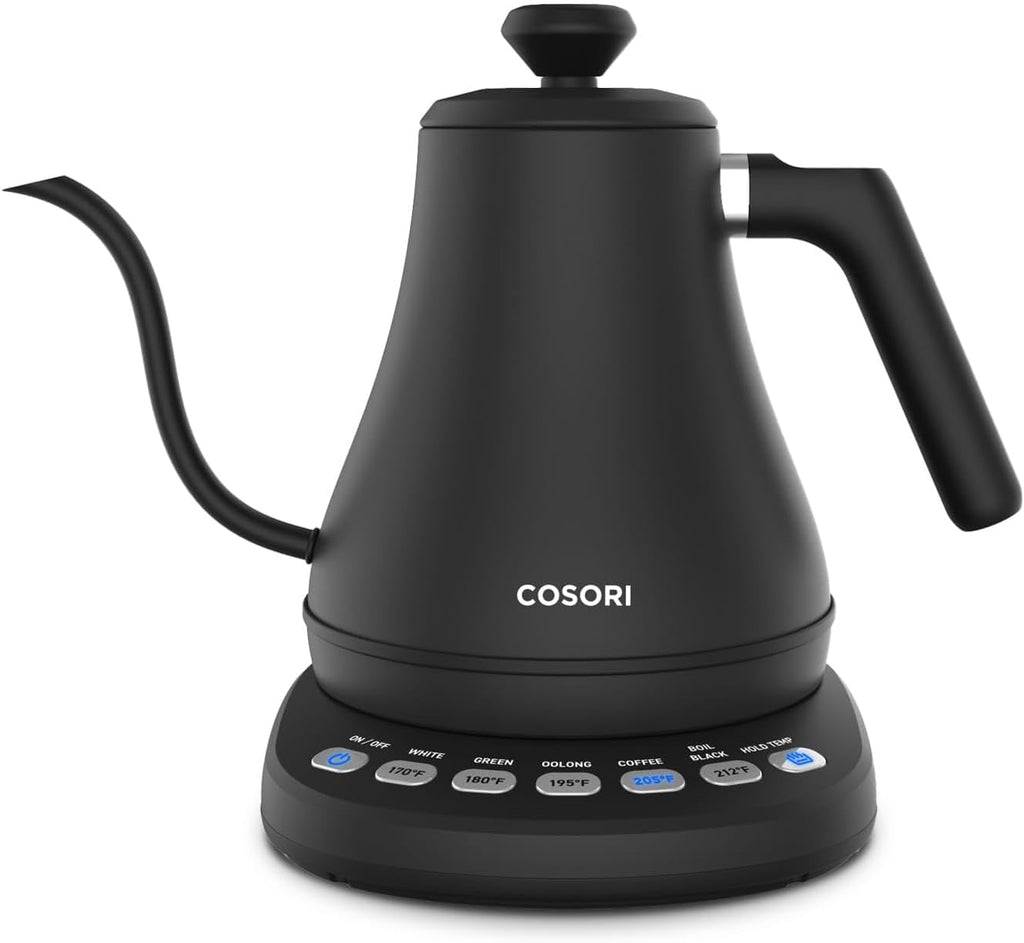 Electric gooseneck kettle featuring five preset temperature settings.