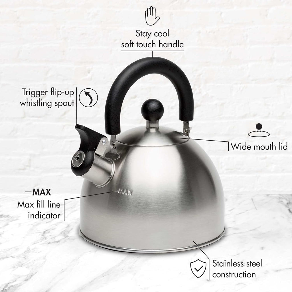 Stovetop Whistling Kettle — Features a rapid-boil whistling spout and a heat-resistant folding handle.