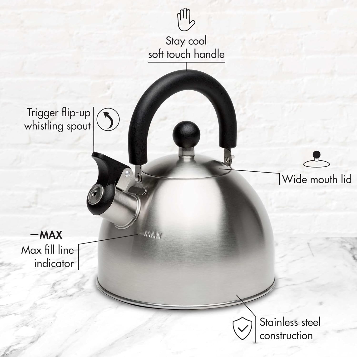 Stovetop Whistling Kettle — Features a rapid-boil whistling spout and a heat-resistant folding handle.