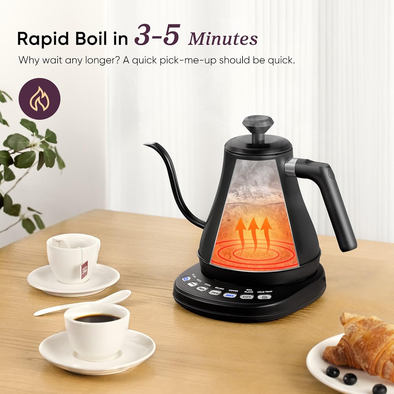 Electric gooseneck kettle featuring five preset temperature settings.
