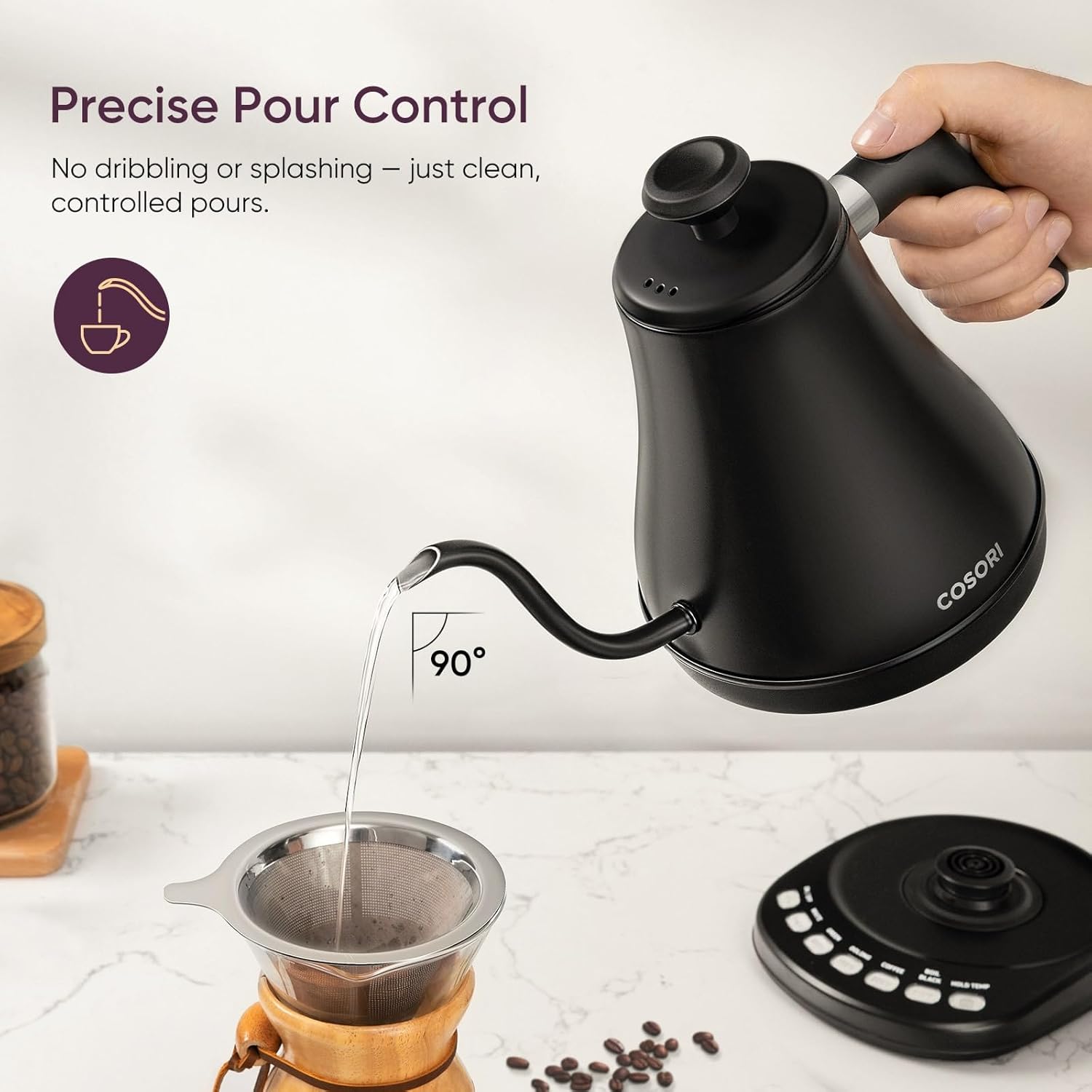 Electric gooseneck kettle featuring five preset temperature settings.