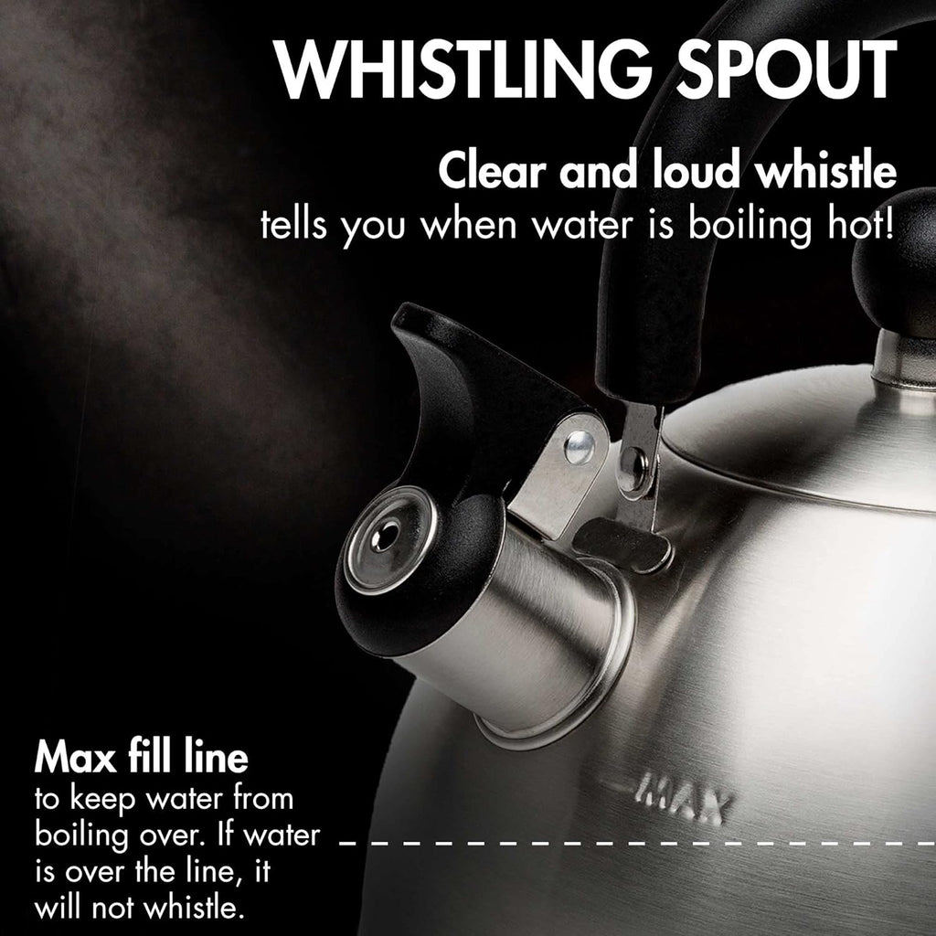 Stovetop Whistling Kettle — Features a rapid-boil whistling spout and a heat-resistant folding handle.