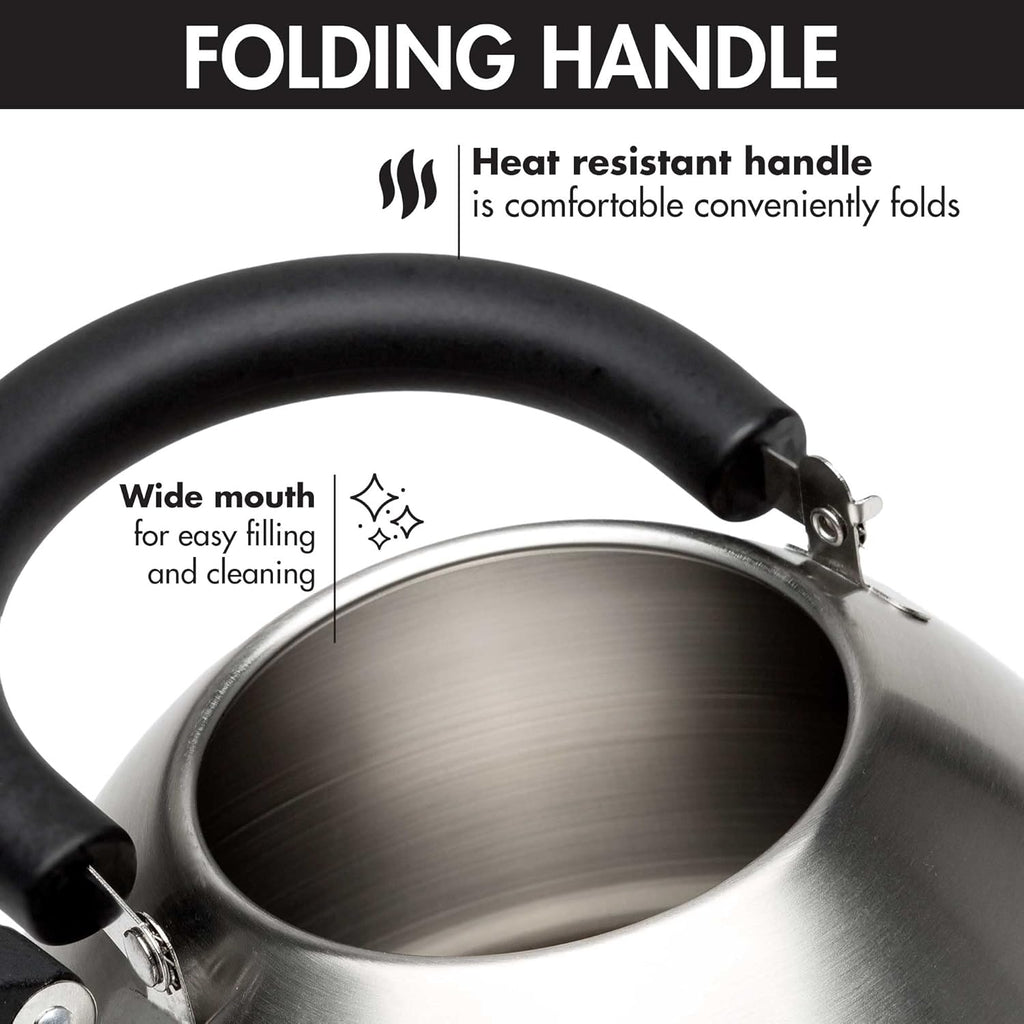 Stovetop Whistling Kettle — Features a rapid-boil whistling spout and a heat-resistant folding handle.