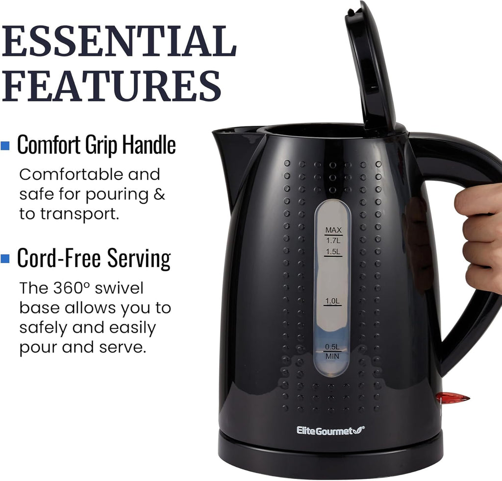 1.7L Electric Kettle — BPA-free, rapid boiling, automatic shut-off, boil-dry protection.