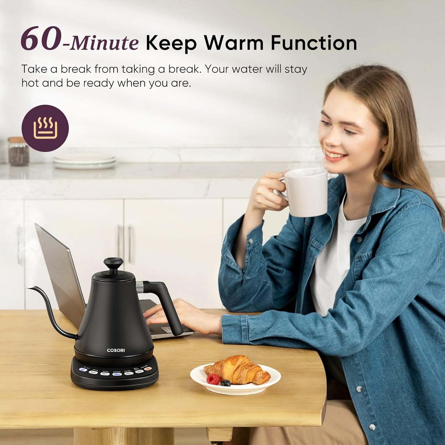 Electric gooseneck kettle featuring five preset temperature settings.