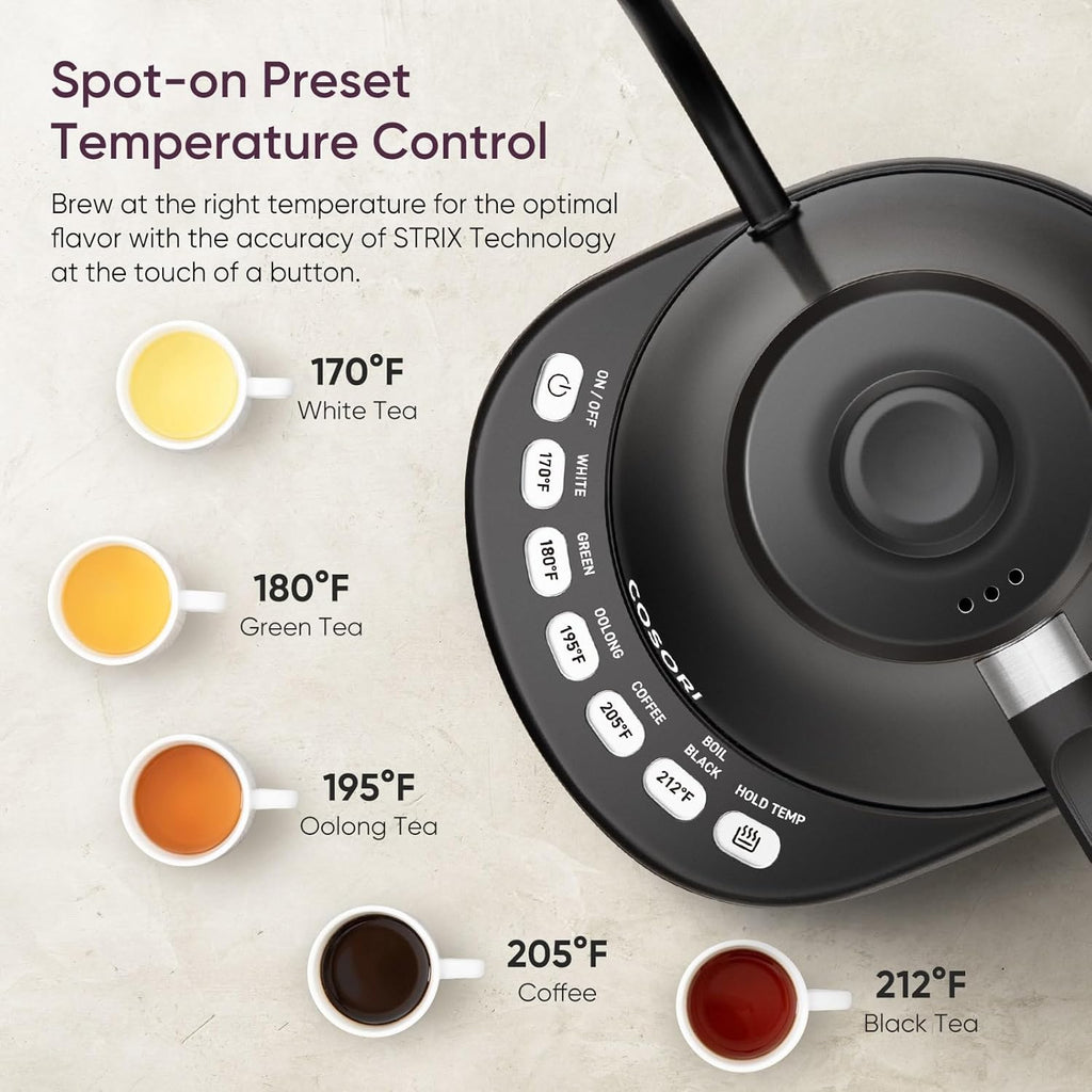 Electric gooseneck kettle featuring five preset temperature settings.