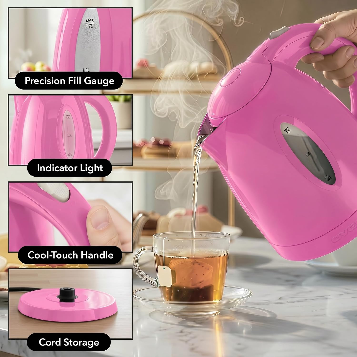 Electric Kettle — 1.7-liter rapid-boil kettle, suitable for brewing coffee or tea.
