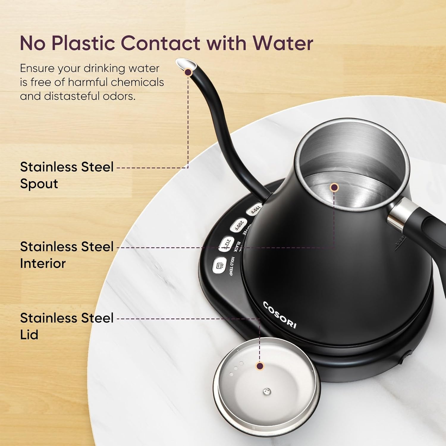 Electric gooseneck kettle featuring five preset temperature settings.