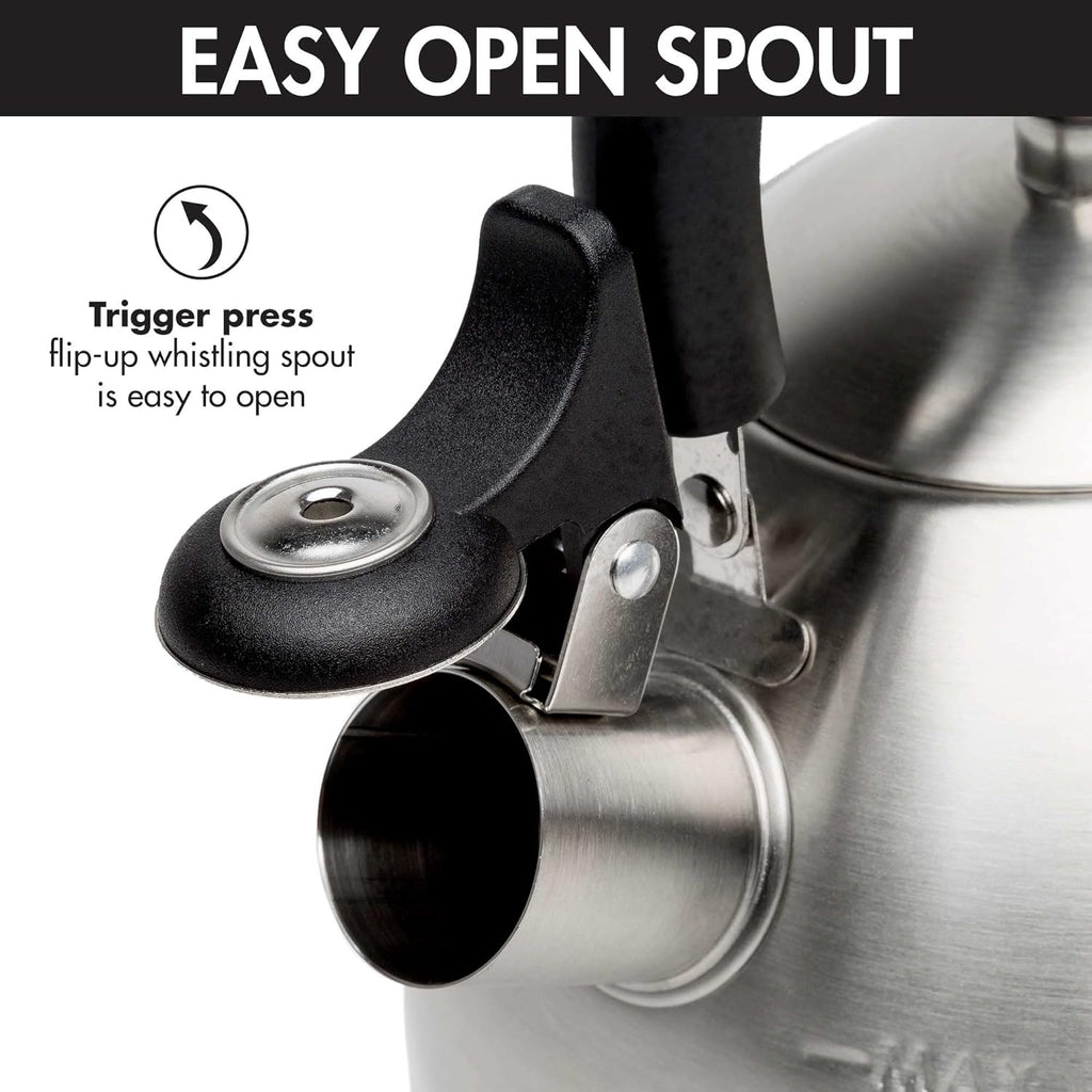 Stovetop Whistling Kettle — Features a rapid-boil whistling spout and a heat-resistant folding handle.