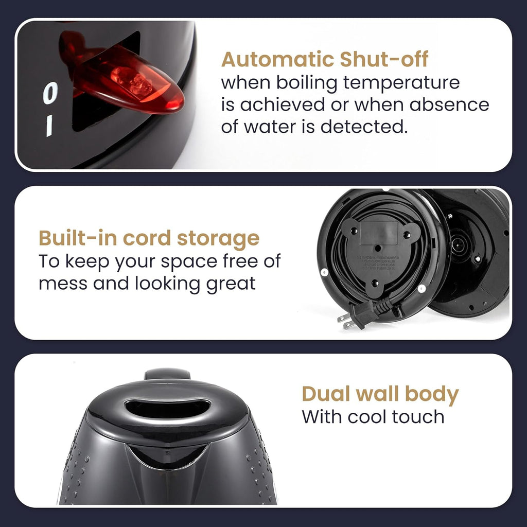 1.7L Electric Kettle — BPA-free, rapid boiling, automatic shut-off, boil-dry protection.