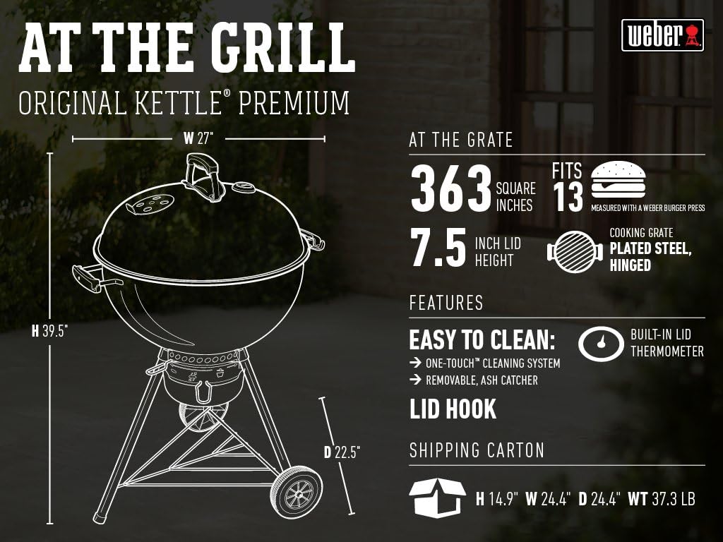 22-Inch Black Charcoal Grill—Outdoor BBQ Grill with Built-in Thermometer and Heat Control Vents