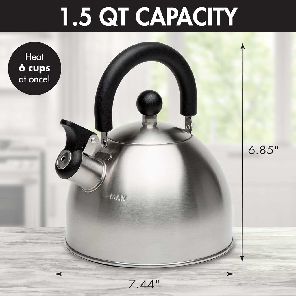 Stovetop Whistling Kettle — Features a rapid-boil whistling spout and a heat-resistant folding handle.