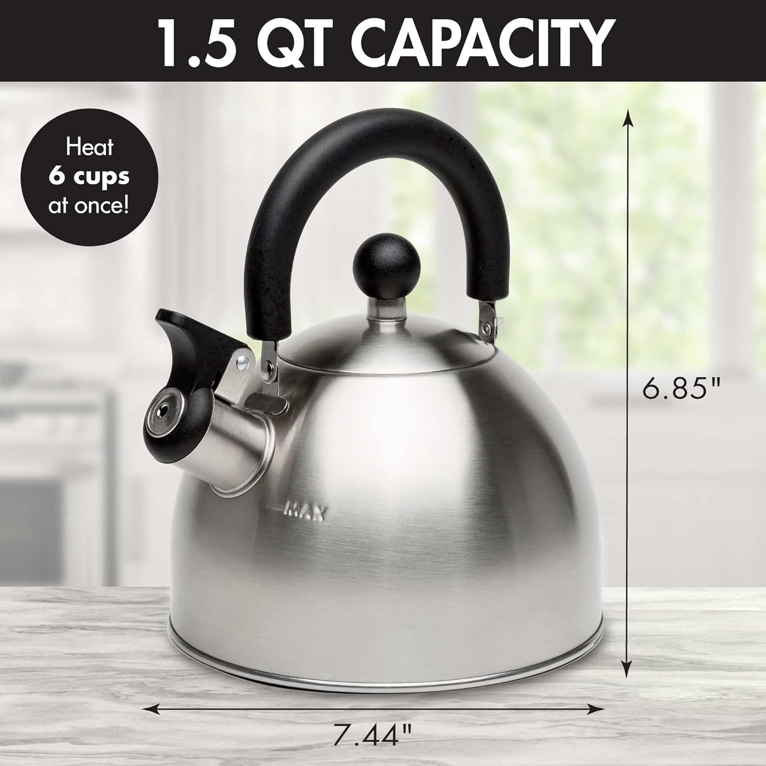 Stovetop Whistling Kettle — Features a rapid-boil whistling spout and a heat-resistant folding handle.