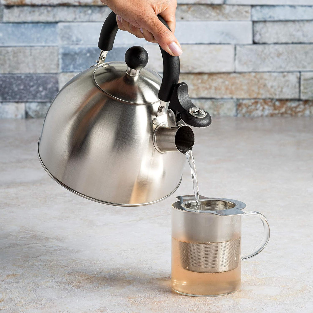 Stovetop Whistling Kettle — Features a rapid-boil whistling spout and a heat-resistant folding handle.