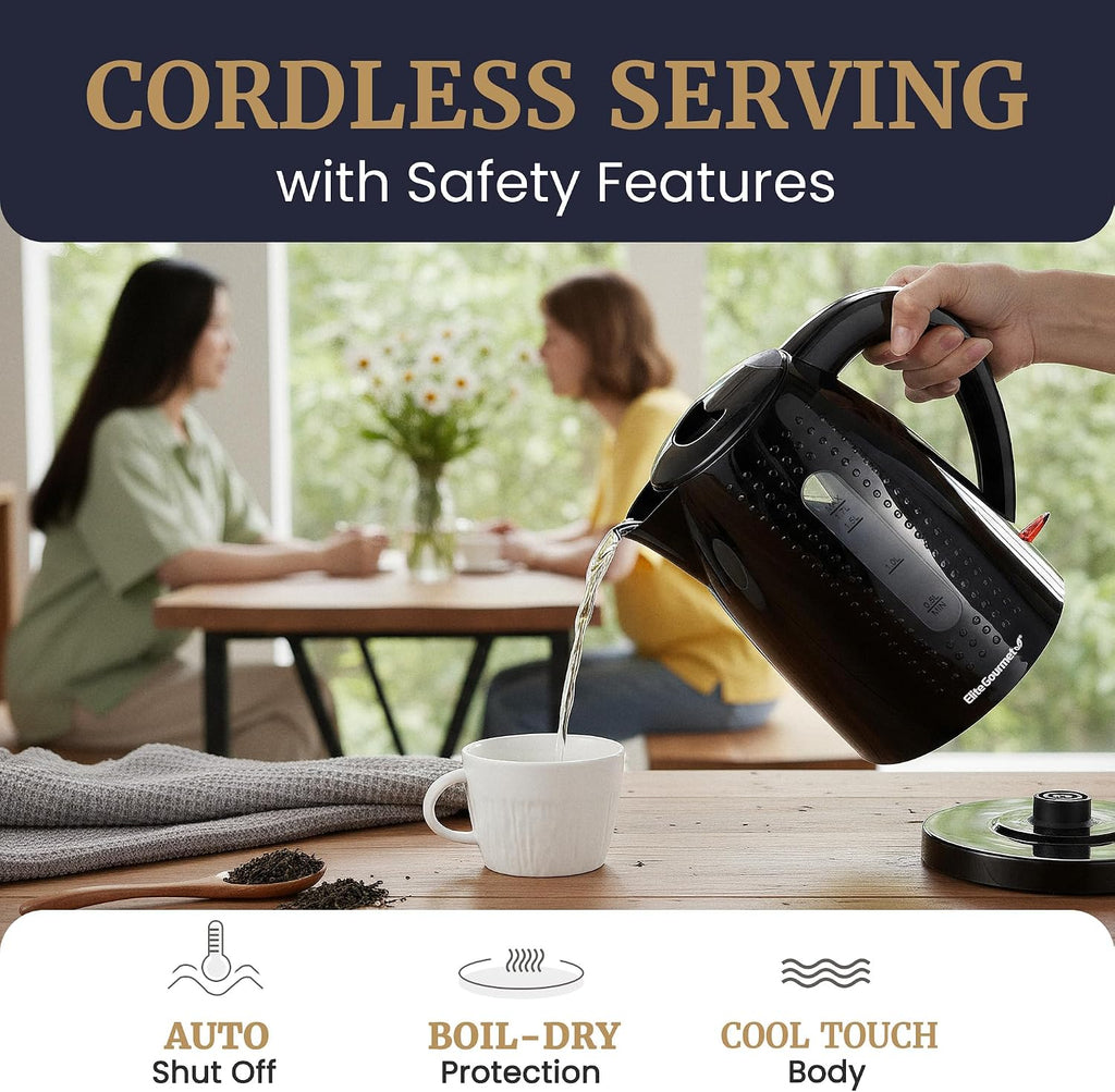 1.7L Electric Kettle — BPA-free, rapid boiling, automatic shut-off, boil-dry protection.
