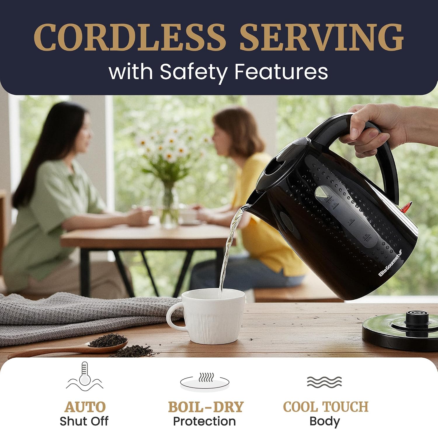 1.7L Electric Kettle — BPA-free, rapid boiling, automatic shut-off, boil-dry protection.