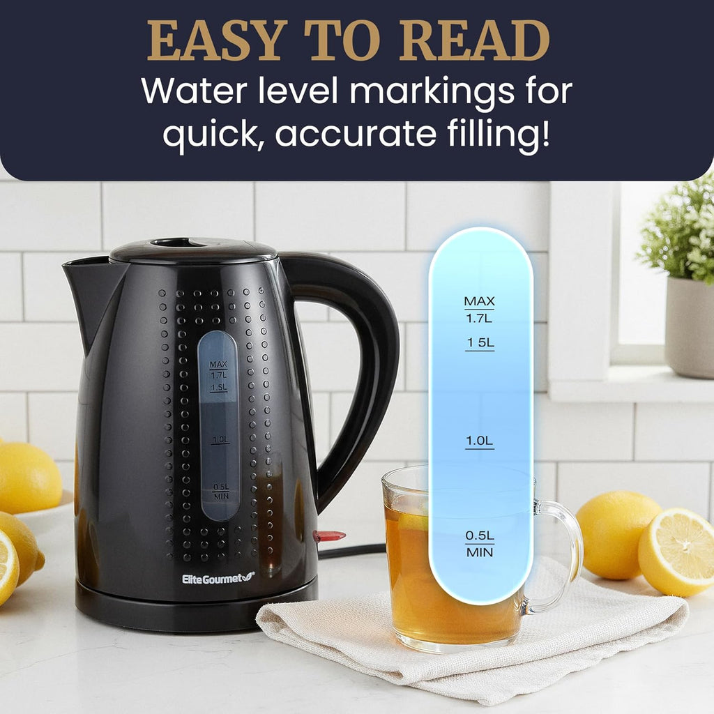1.7L Electric Kettle — BPA-free, rapid boiling, automatic shut-off, boil-dry protection.