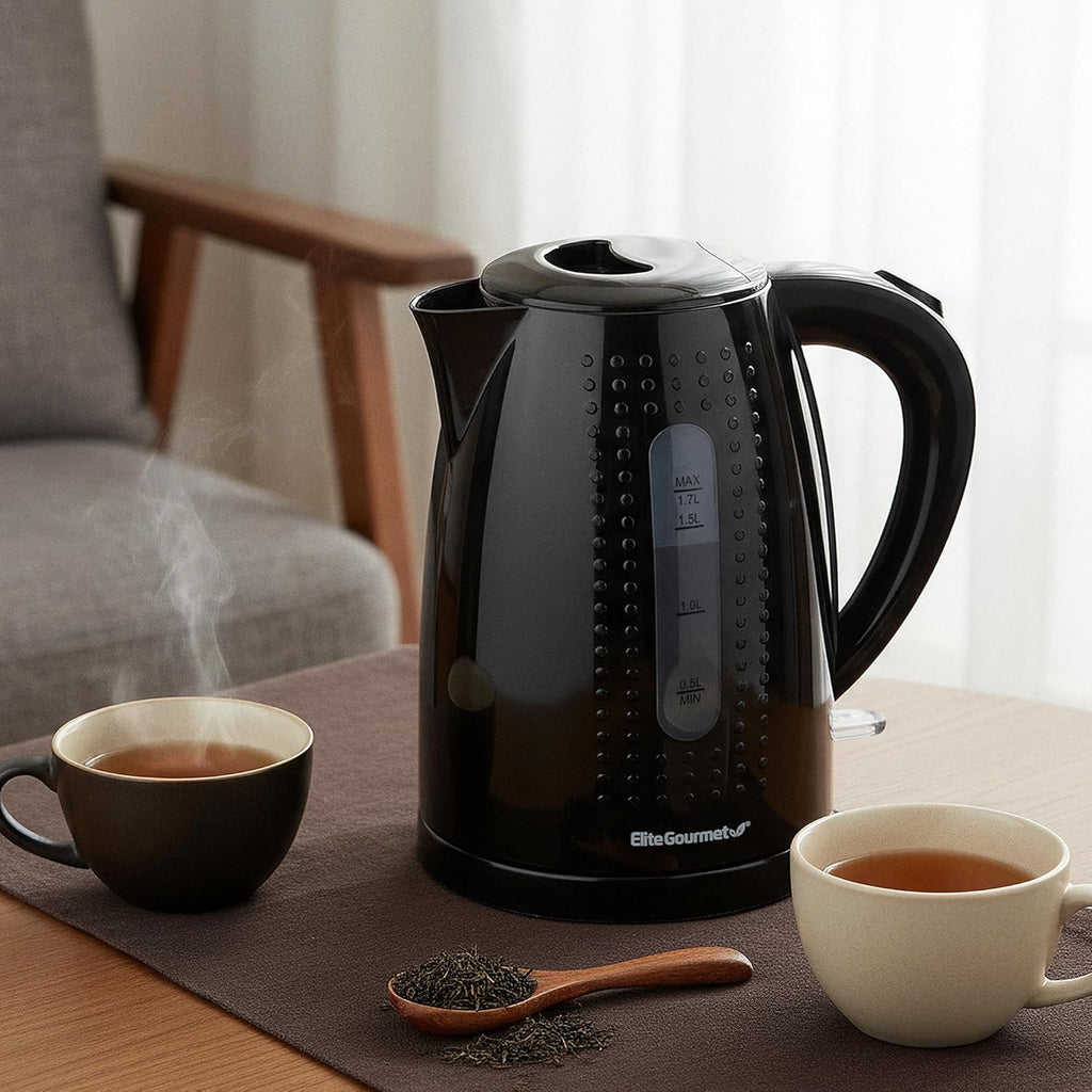 1.7L Electric Kettle — BPA-free, rapid boiling, automatic shut-off, boil-dry protection.