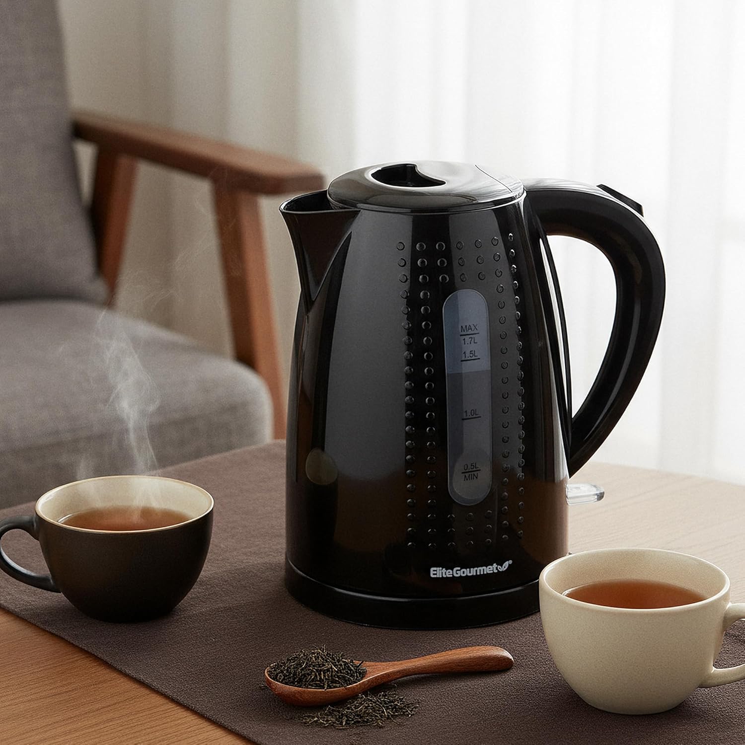 1.7L Electric Kettle — BPA-free, rapid boiling, automatic shut-off, boil-dry protection.